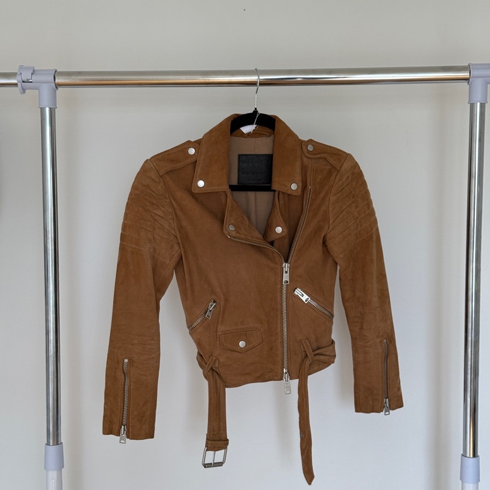 All Saints Tan Leather Moto Jacket Asymmetrical Zipper - Picture 2 of 3